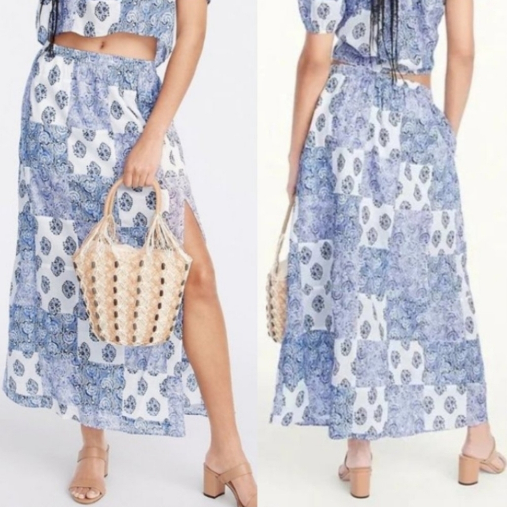 NWT J. Crew Side-Slit Maxi Skirt Madras Patchwork Boho Hippie Cottagecore Blue